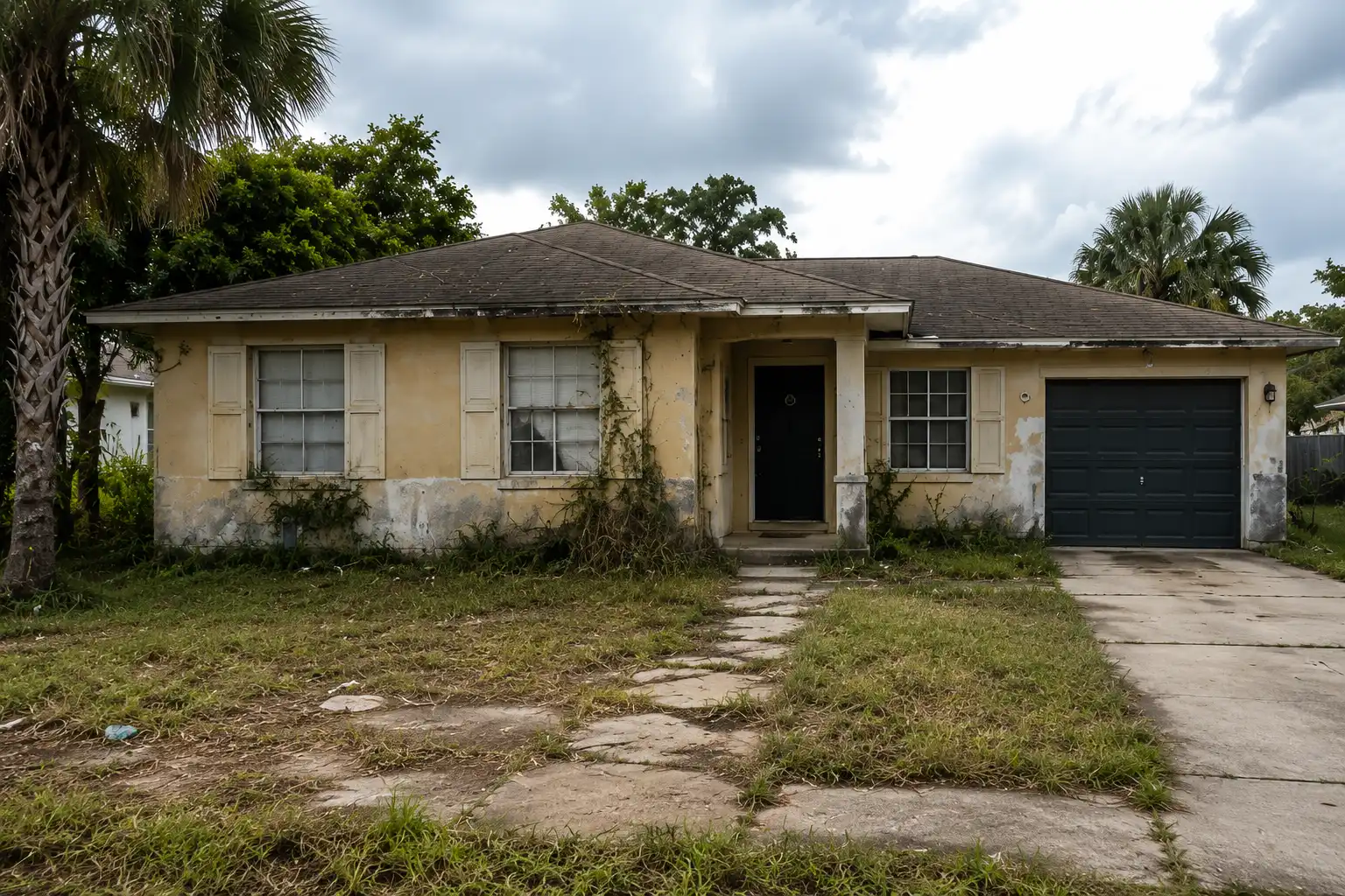 BEFORE · distressed property — Inherited bungalow — Disston Heights Before: distressed inherited bungalow exterior in Disston Heights, St. Petersburg